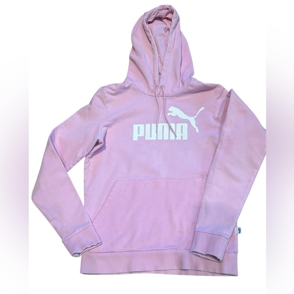 PUMA Pink Essentials Logo Pullover Fleece Hoodie White Graphic Size Small